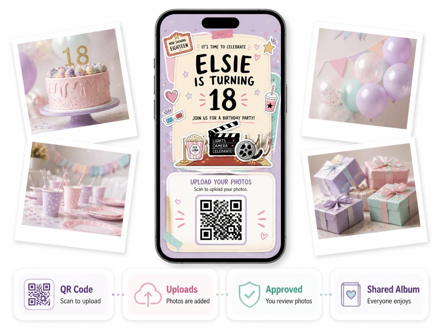 The shared photo gallery that comes with the Marquee Sign Pastel 18th Birthday Invitation invitation