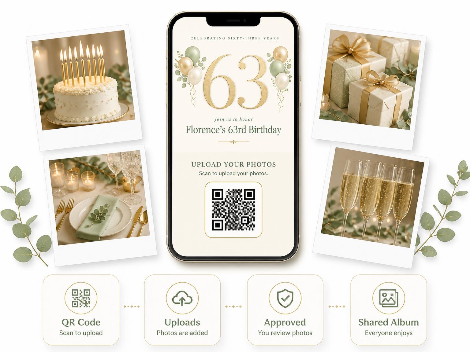 The shared photo gallery that comes with the Sage and Ivory 63rd Birthday Invitation invitation