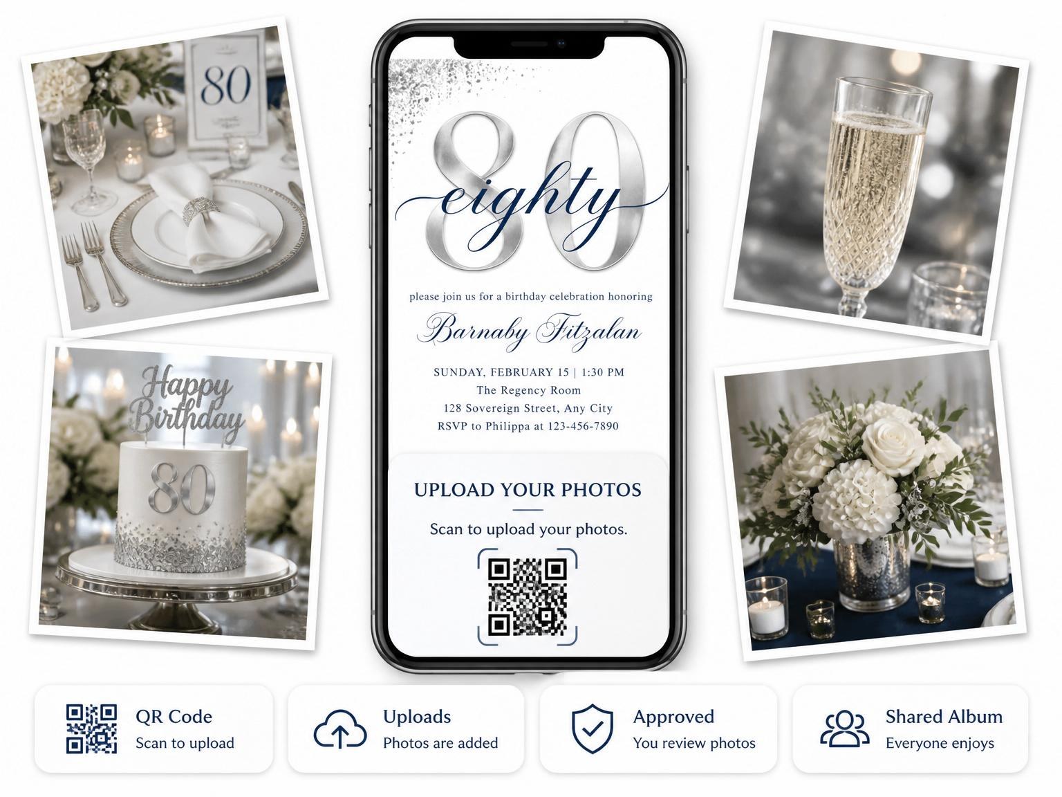 The shared photo gallery that comes with the Silver Foil Navy 80th Birthday invitation