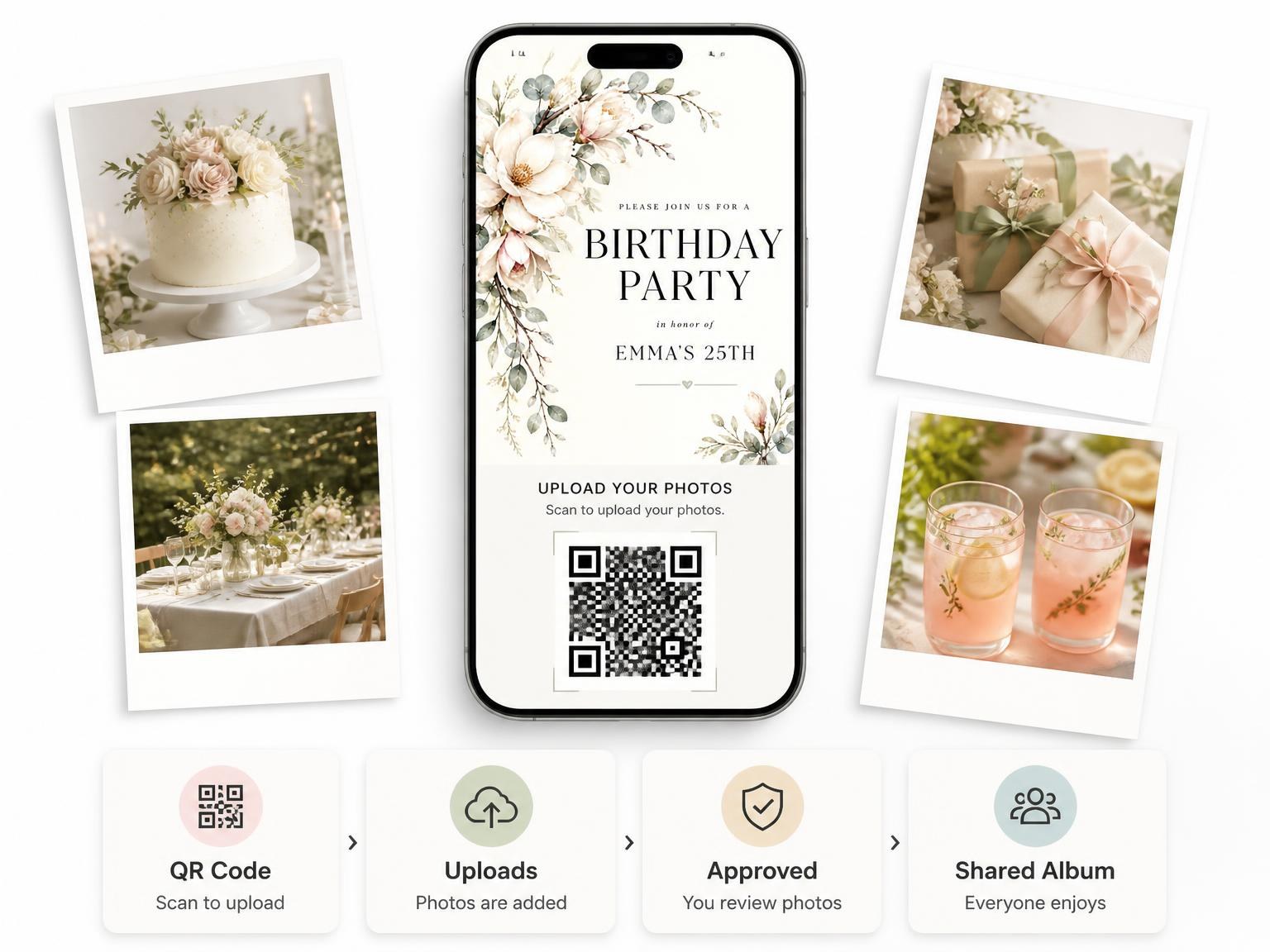 The shared photo gallery that comes with the Eucalyptus Botanical Ivory 25th Birthday Invitation invitation