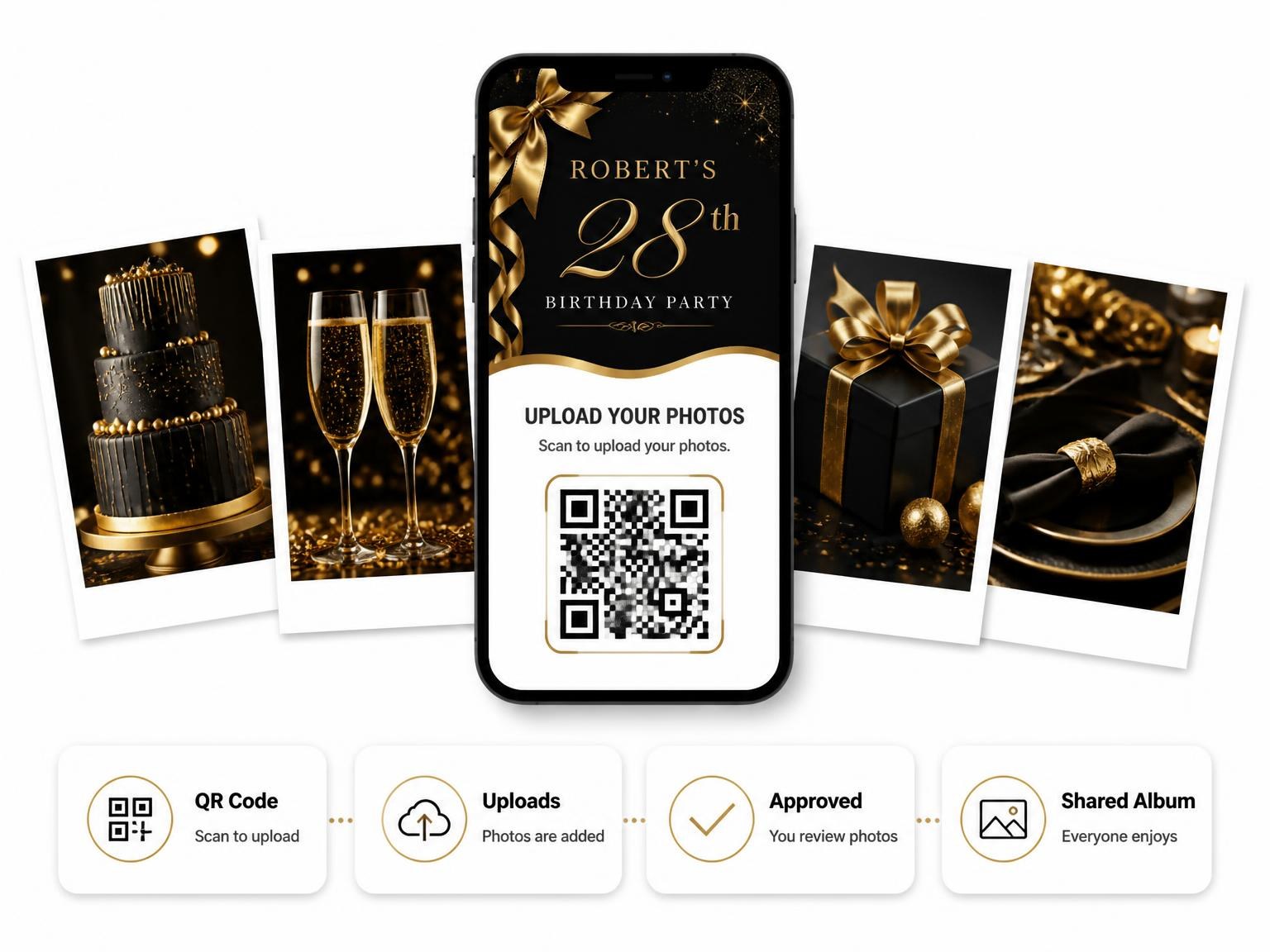 The shared photo gallery that comes with the Black and Gold Ribbon 28th Birthday invitation