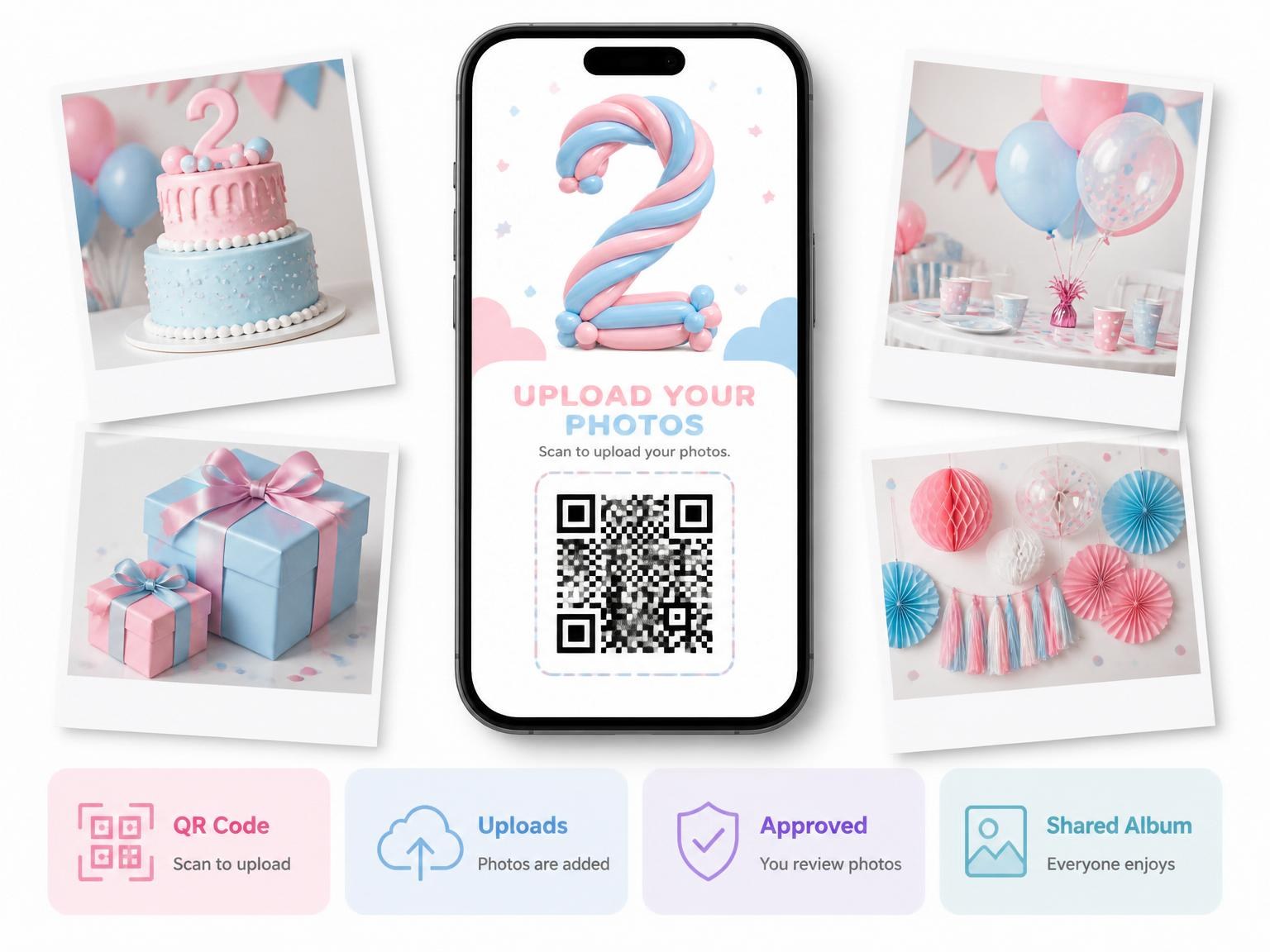 The shared photo gallery that comes with the Pink Blue Balloon Number 2nd Birthday invitation