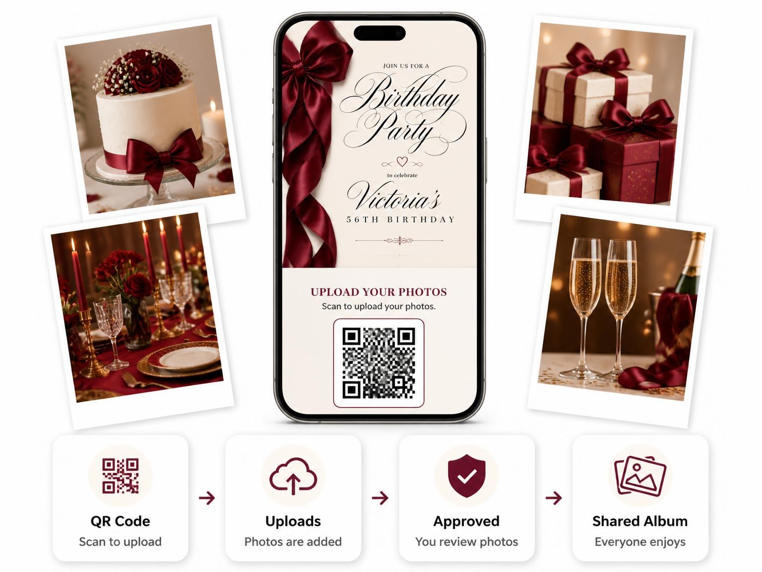 The shared photo gallery that comes with the Burgundy Satin Bow 56th Birthday Invitation invitation