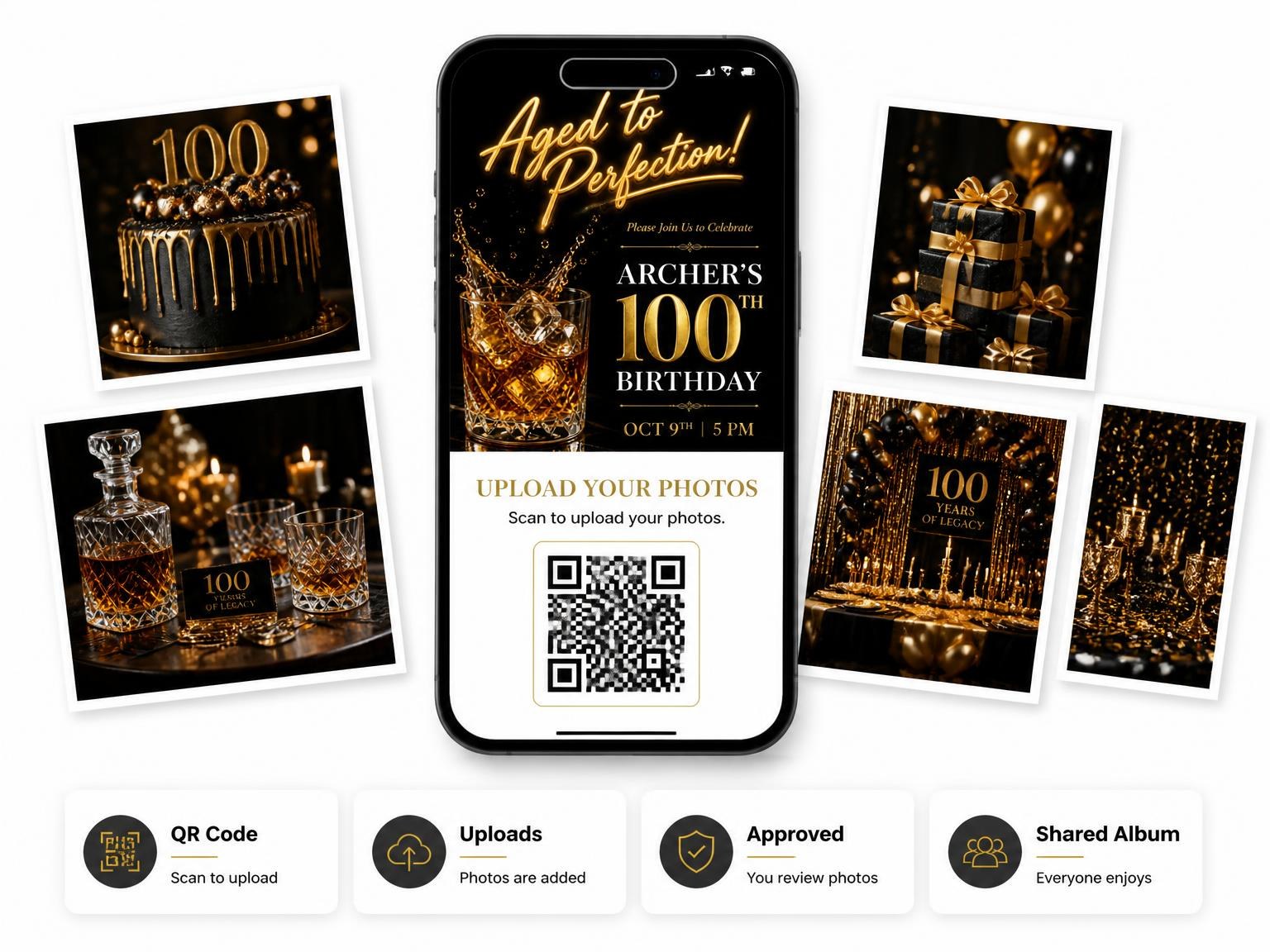 The shared photo gallery that comes with the Whiskey Glass 100th Birthday Invitation invitation