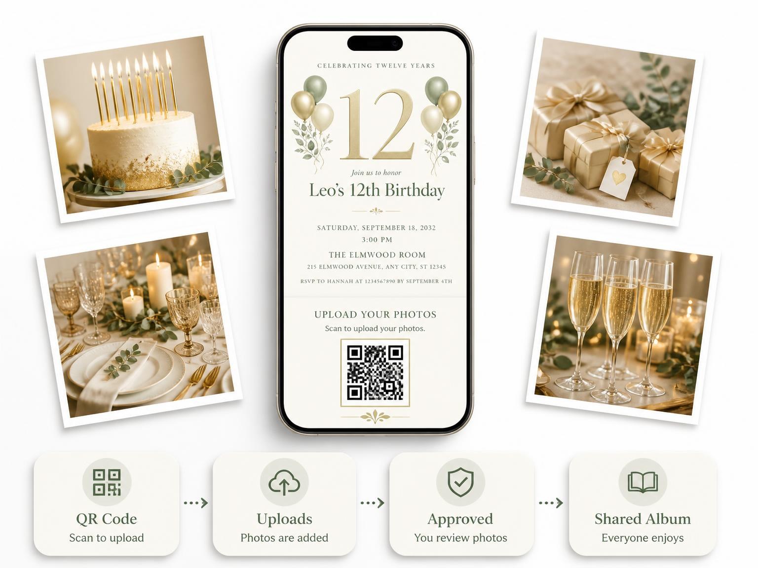 The shared photo gallery that comes with the Sage and Ivory 12th Birthday Invitation invitation