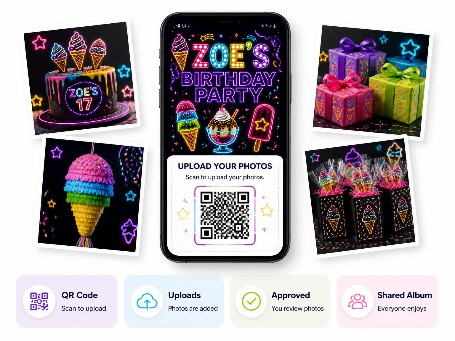 The shared photo gallery that comes with the Neon Ice Cream 17th Birthday Invitation invitation