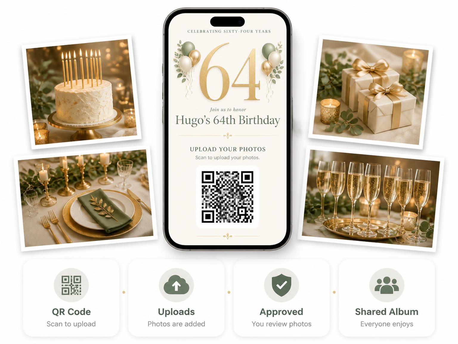 The shared photo gallery that comes with the Sage and Ivory 64th Birthday Invitation invitation