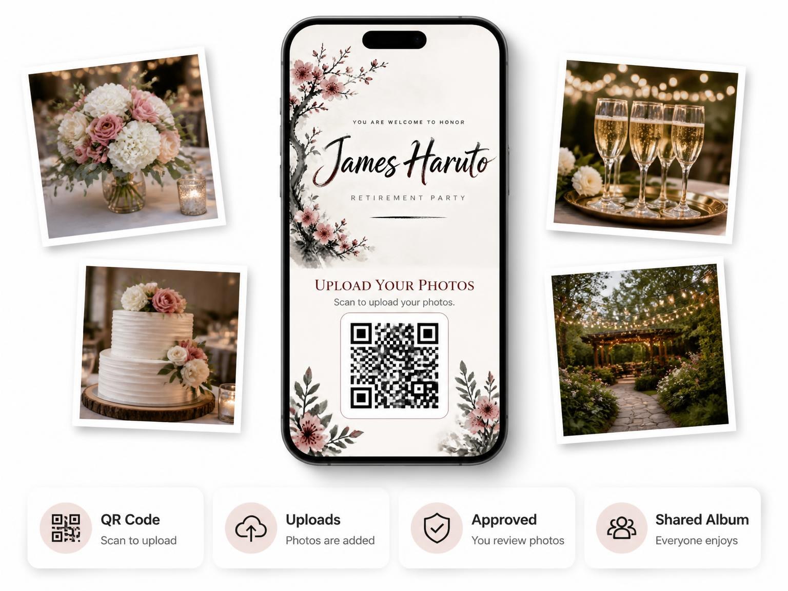 The shared photo gallery that comes with the Cherry Blossom Retirement Party Invitation invitation