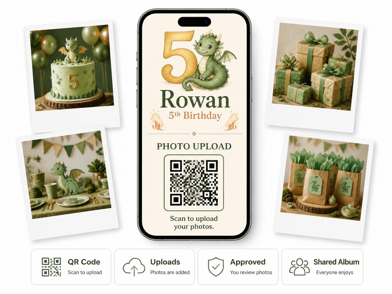 The shared photo gallery that comes with the Watercolor Dragon Campfire 5th Birthday invitation
