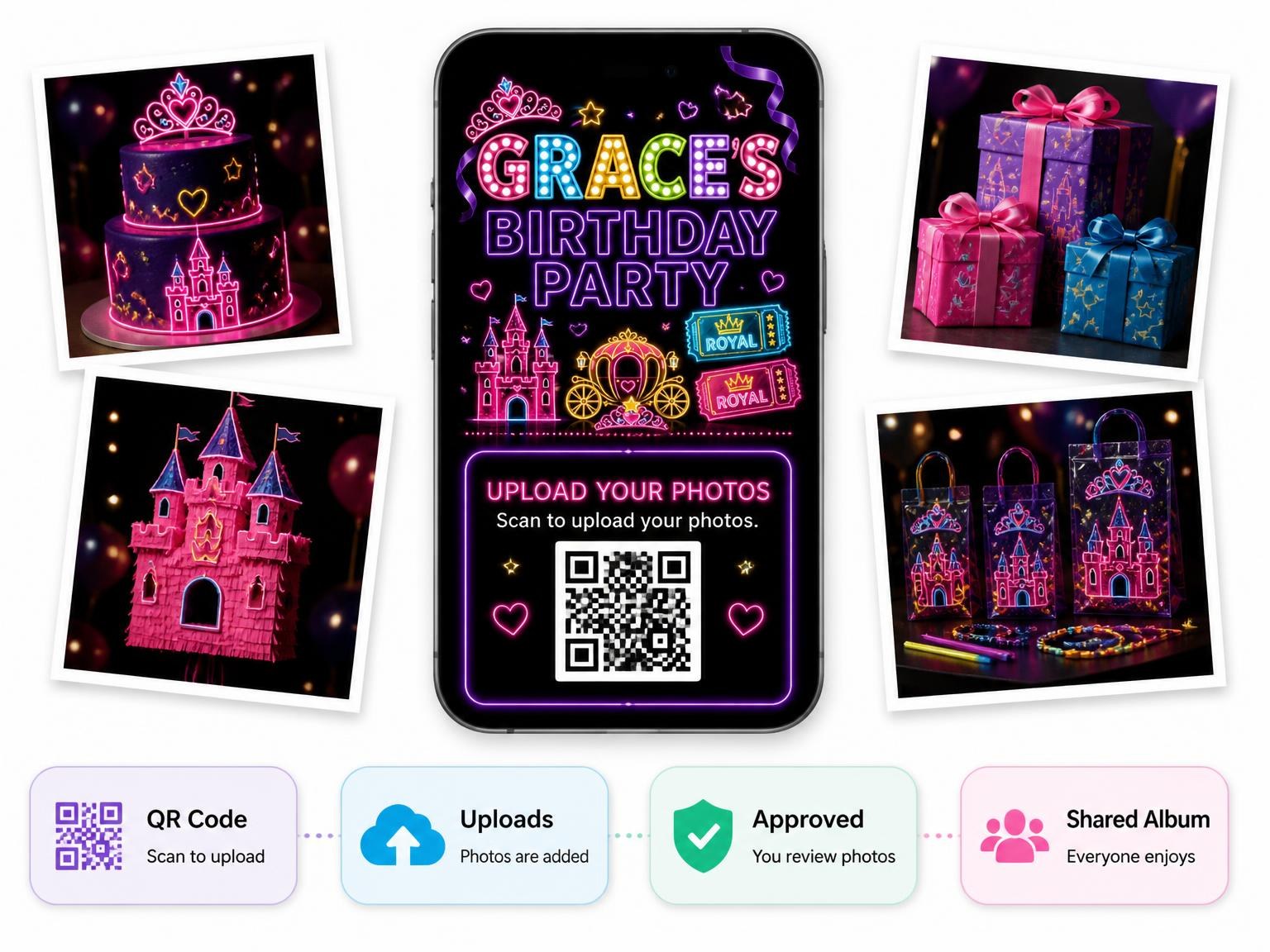 The shared photo gallery that comes with the Neon Princess 7th Birthday Invitation invitation