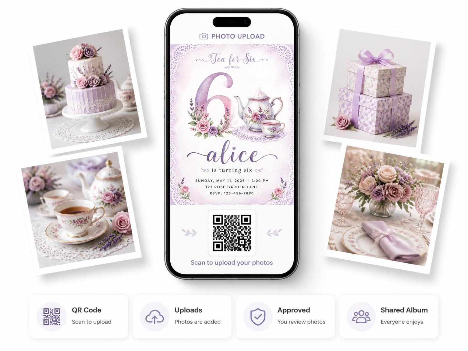 The shared photo gallery that comes with the Lavender Watercolor Floral 6th Birthday invitation