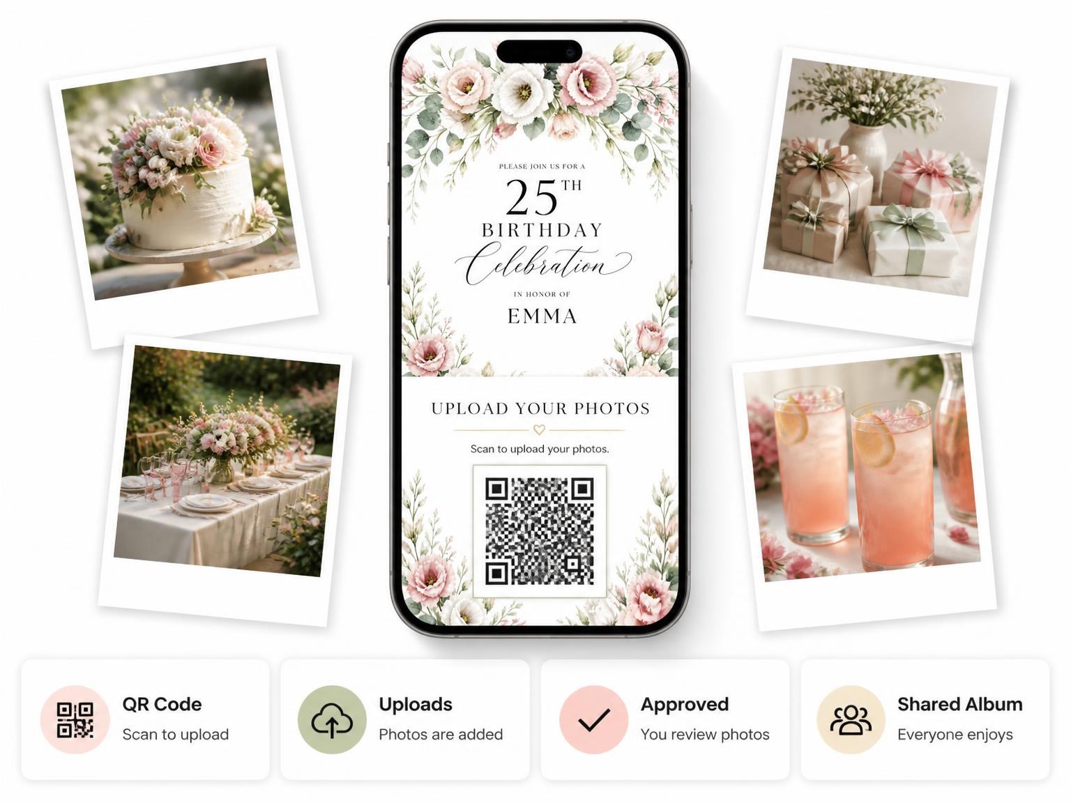 The shared photo gallery that comes with the Rose Floral Blush 25th Birthday Invitation invitation