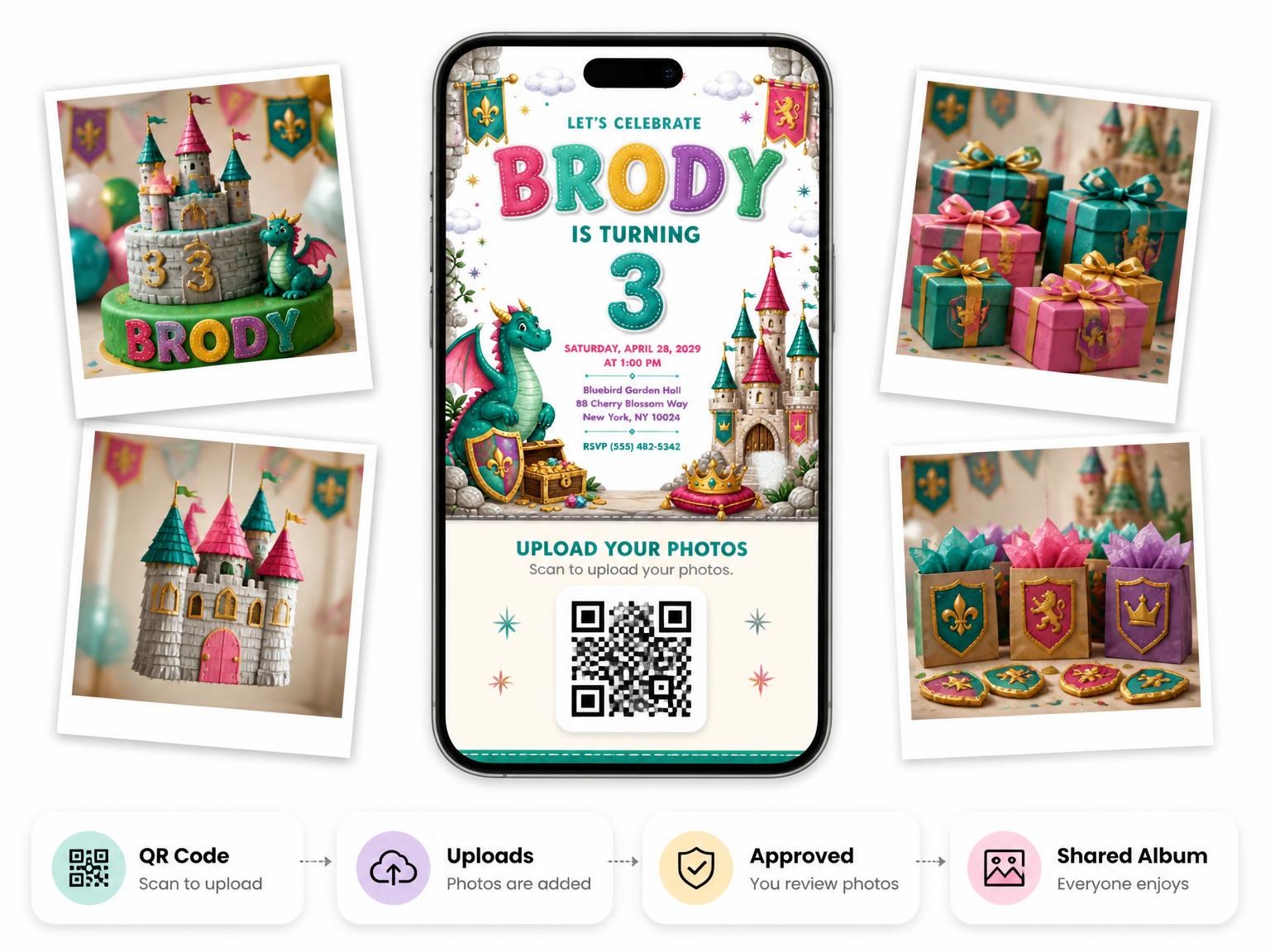 The shared photo gallery that comes with the Stitched Dragon Castle 3rd Birthday Invitation invitation