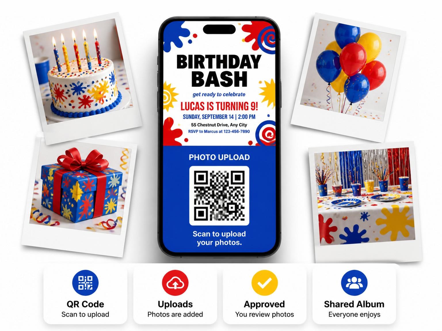 The shared photo gallery that comes with the Primary Paint Splatter Birthday Bash invitation