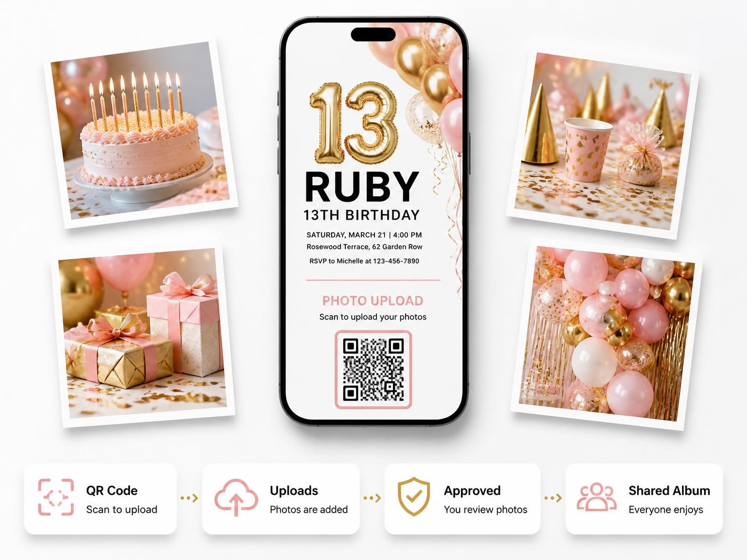 The shared photo gallery that comes with the Gold Rose Balloon 13th Birthday invitation