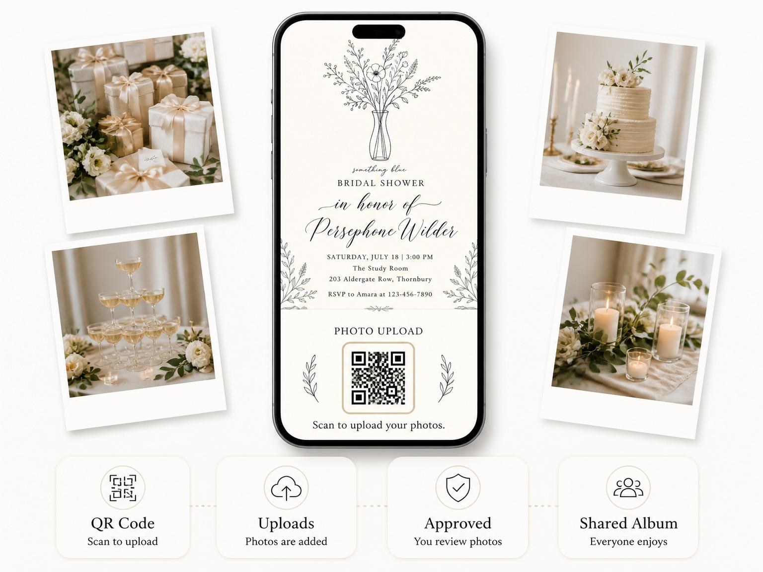 The shared photo gallery that comes with the Cream Fine-Line Wildflower Bridal Shower invitation