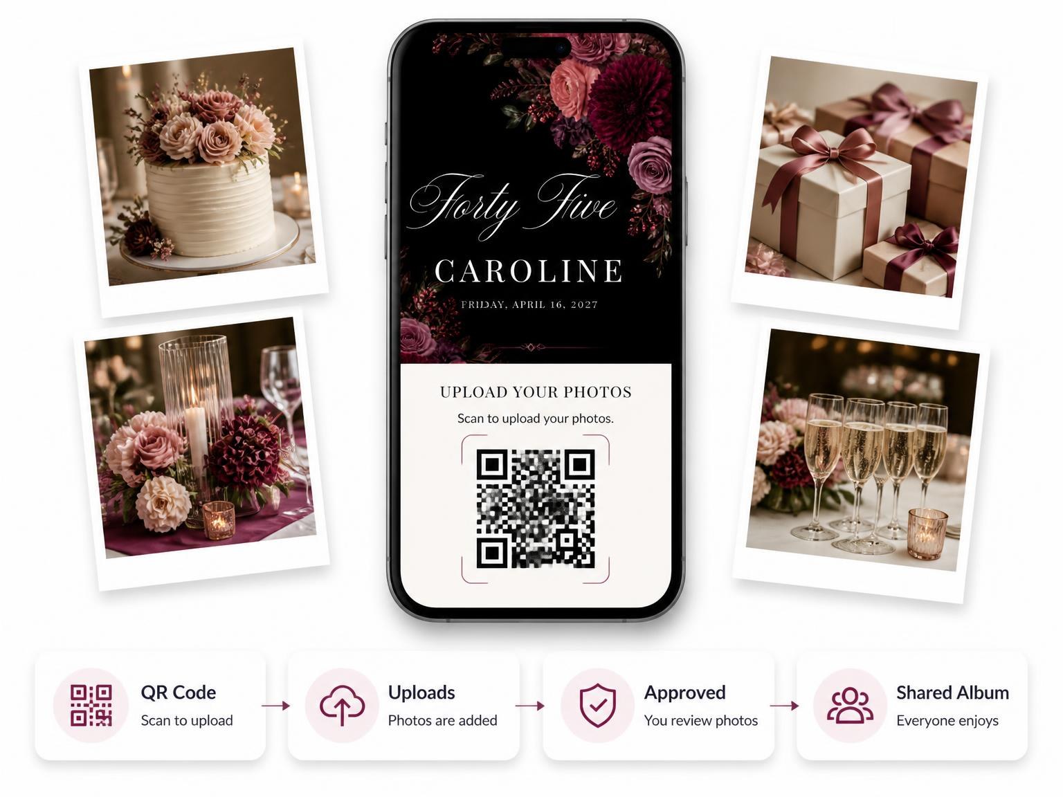 The shared photo gallery that comes with the Black Floral 45th Birthday Invitation invitation