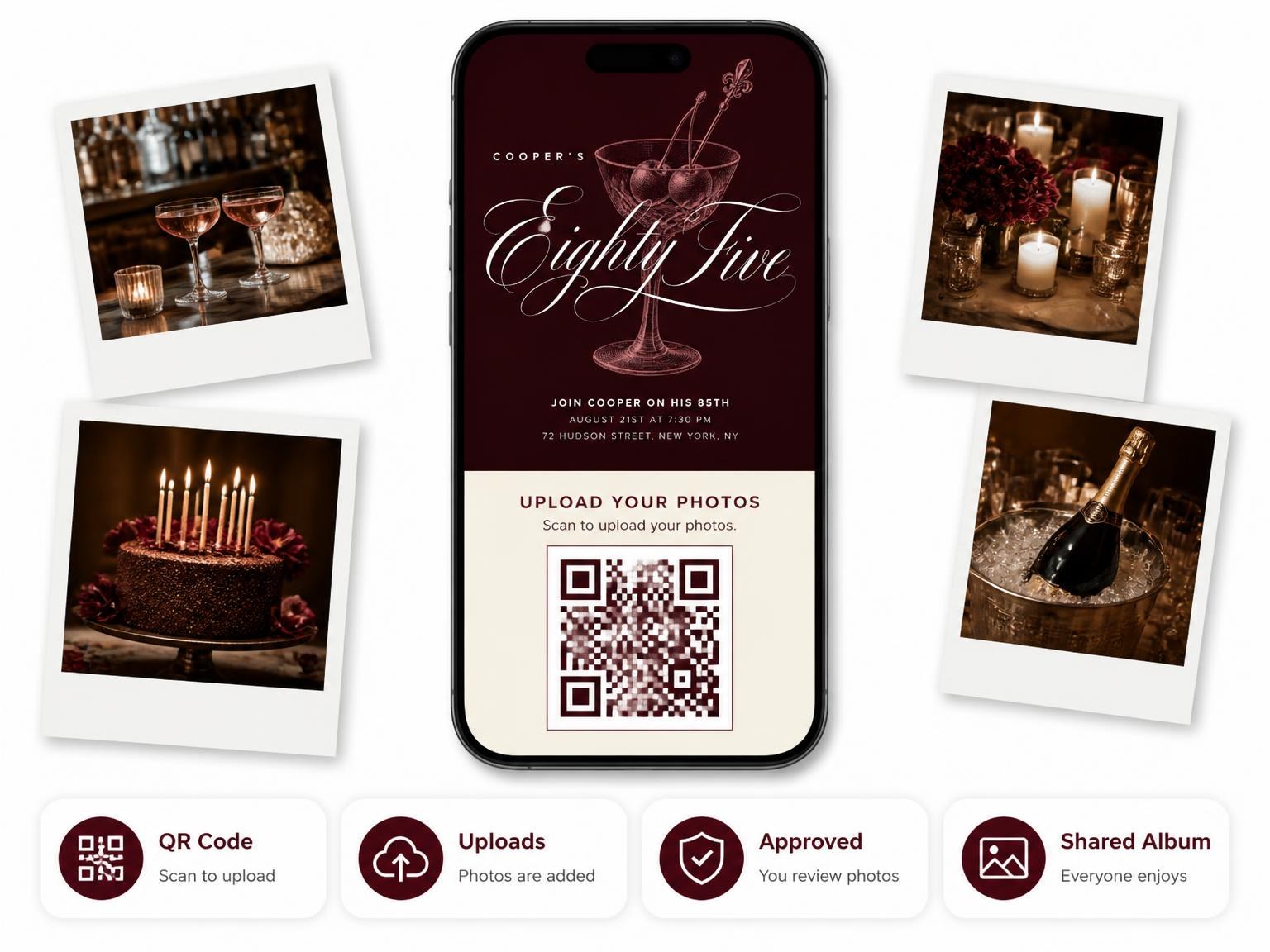 The shared photo gallery that comes with the Burgundy Cocktail 85th Birthday Invitation invitation