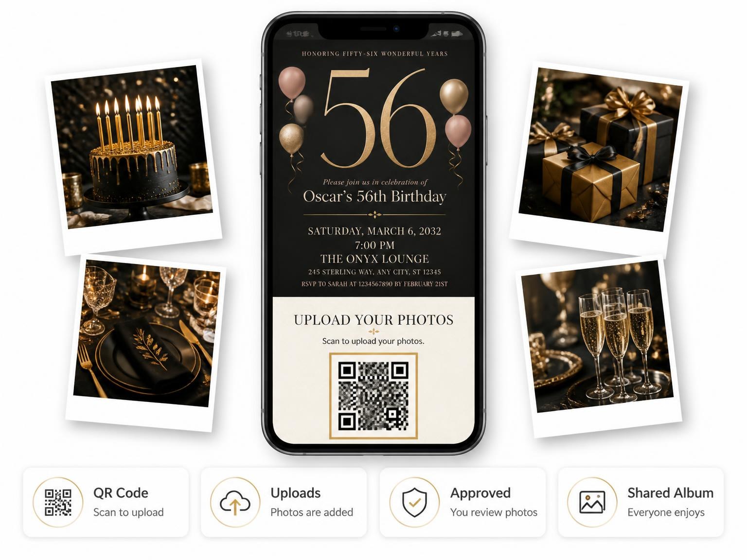 The shared photo gallery that comes with the Charcoal and Blush 56th Birthday Invitation invitation