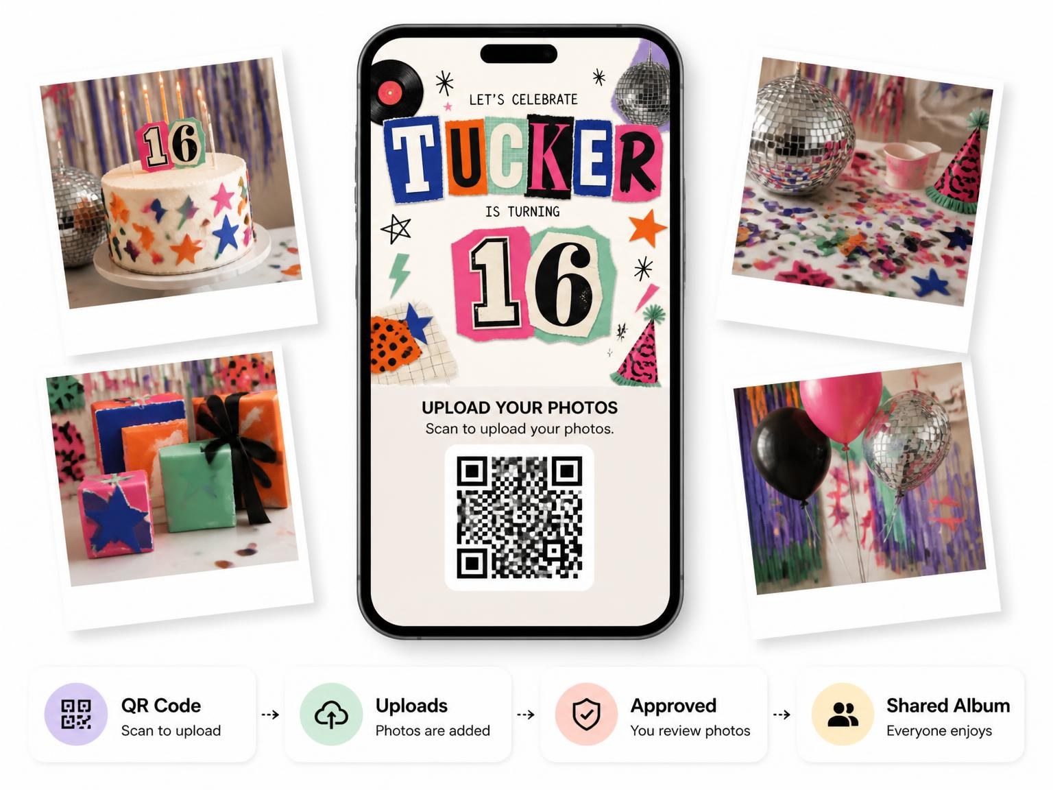 The shared photo gallery that comes with the Retro Paper Collage 16th Birthday Invitation invitation