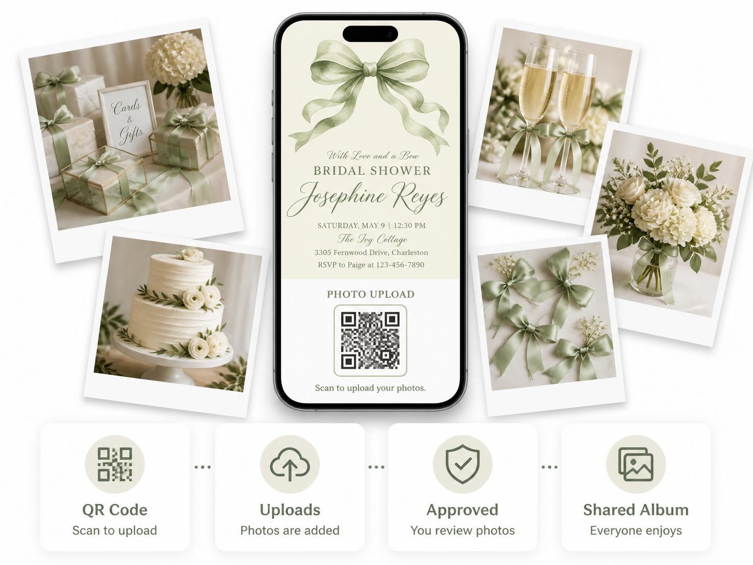 The shared photo gallery that comes with the Sage Watercolor Bow Bridal Shower invitation