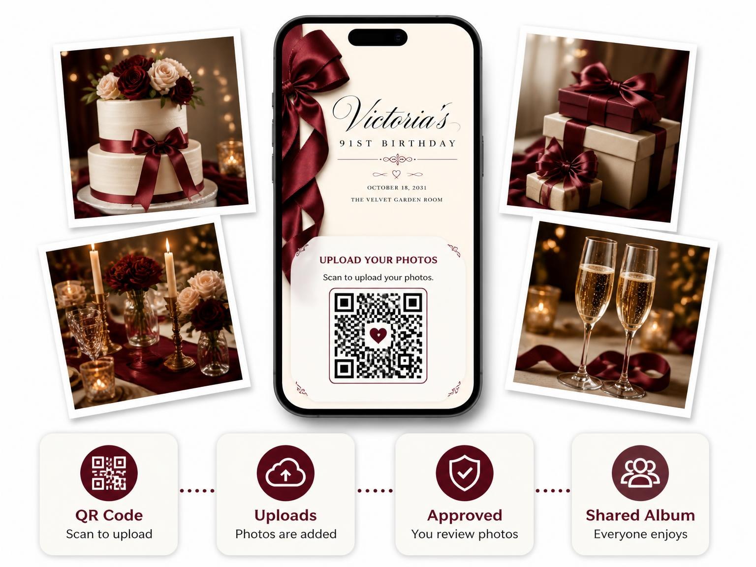 The shared photo gallery that comes with the Burgundy Satin Bow 91st Birthday Invitation invitation