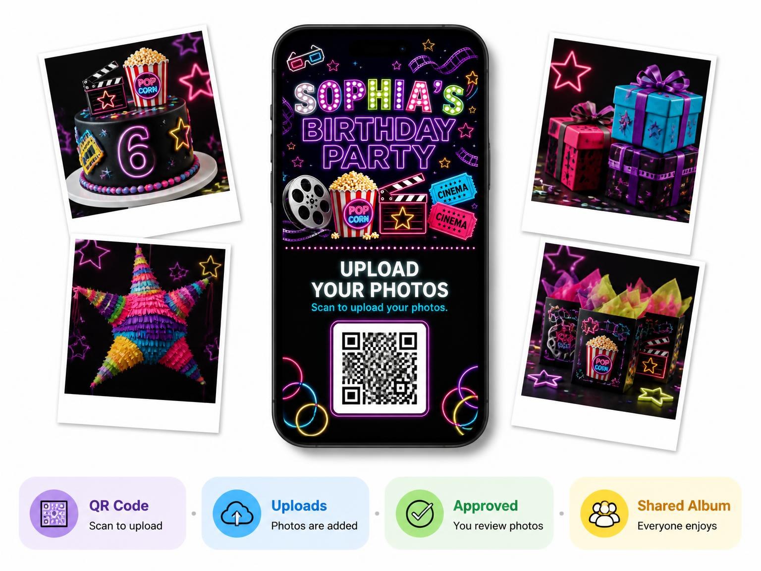 The shared photo gallery that comes with the Neon Movie Night 6th Birthday Invitation invitation