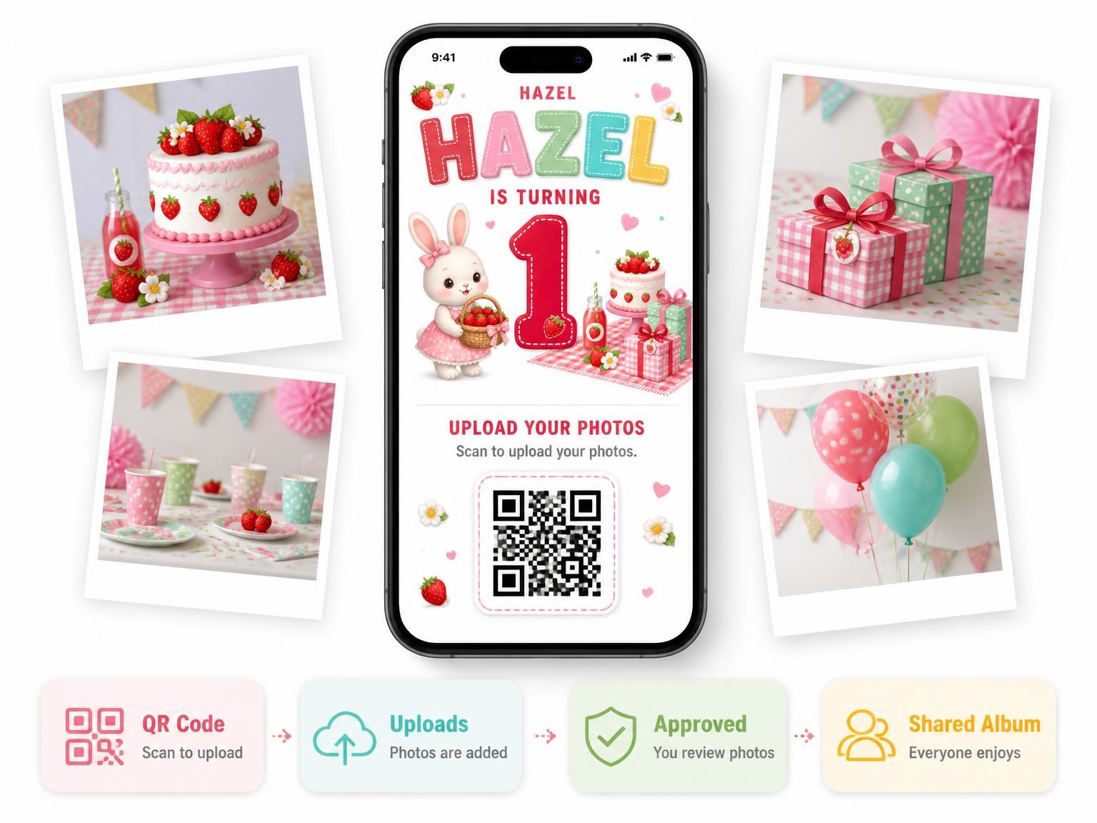 The shared photo gallery that comes with the Stitched Strawberry Bunny 1st Birthday Invitation invitation