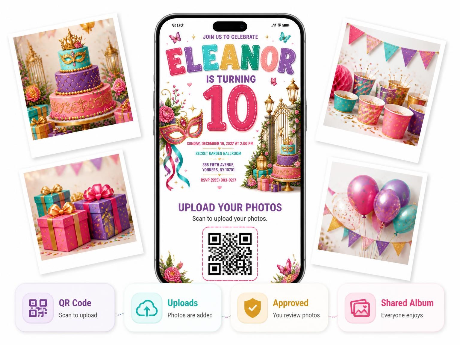 The shared photo gallery that comes with the Garden Gate Stitched 10th Birthday Invitation invitation