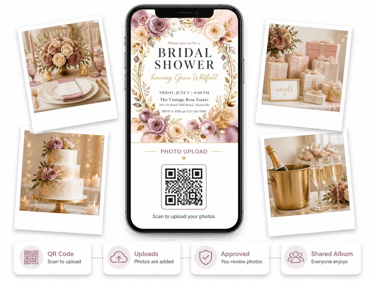 The shared photo gallery that comes with the Mauve Watercolor Rose Bridal Shower invitation