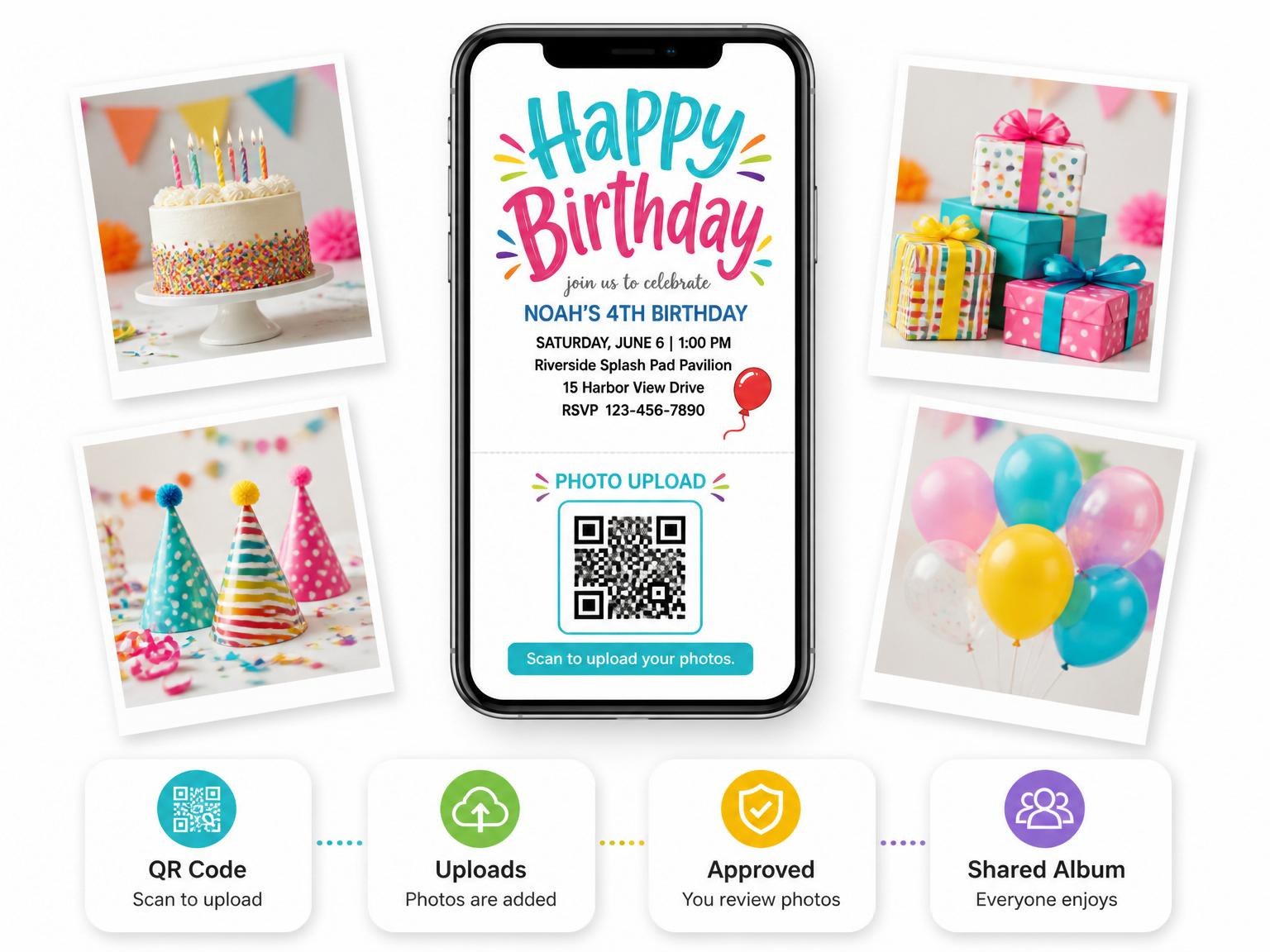 The shared photo gallery that comes with the Colorful Balloon 4th Birthday Invitation invitation