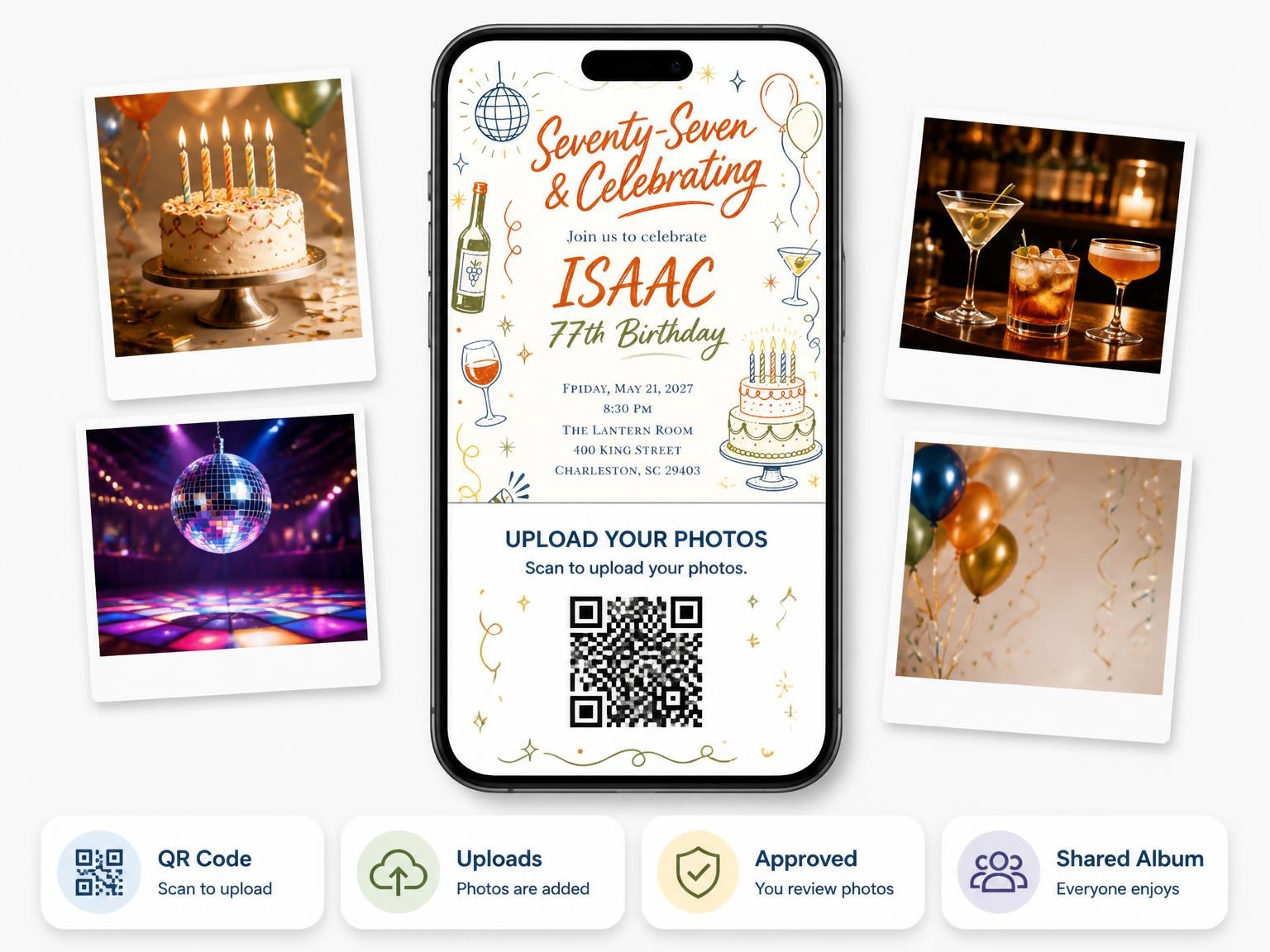 The shared photo gallery that comes with the Retro Doodle 77th Birthday Invitation invitation