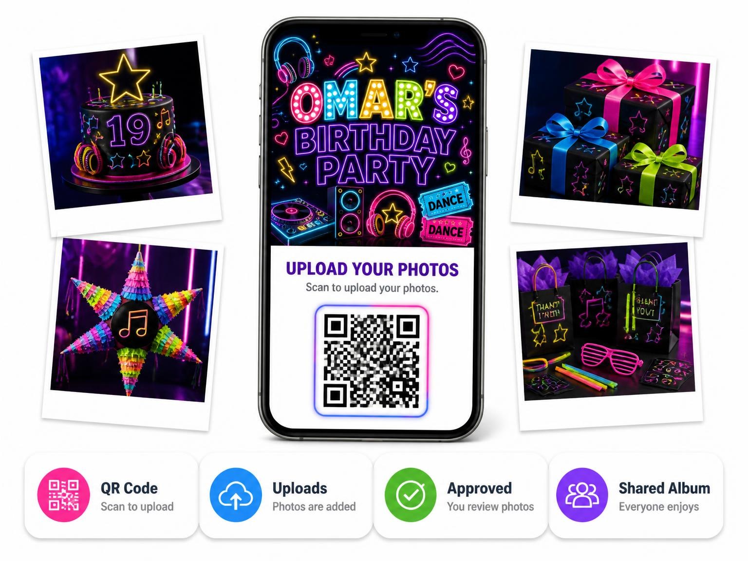 The shared photo gallery that comes with the Neon Dance Party 19th Birthday Invitation invitation