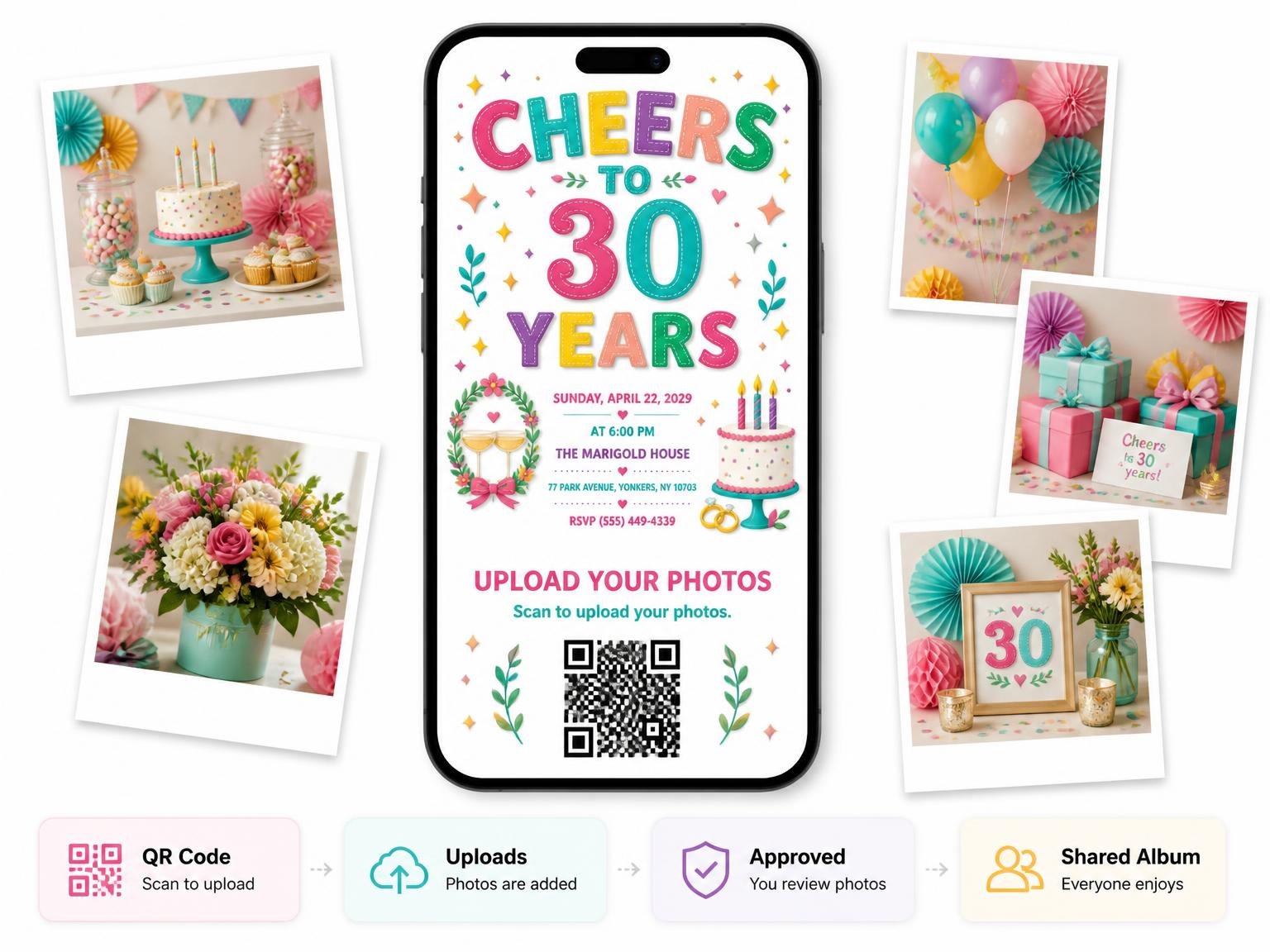 The shared photo gallery that comes with the Champagne 30th Anniversary Party Invitation invitation