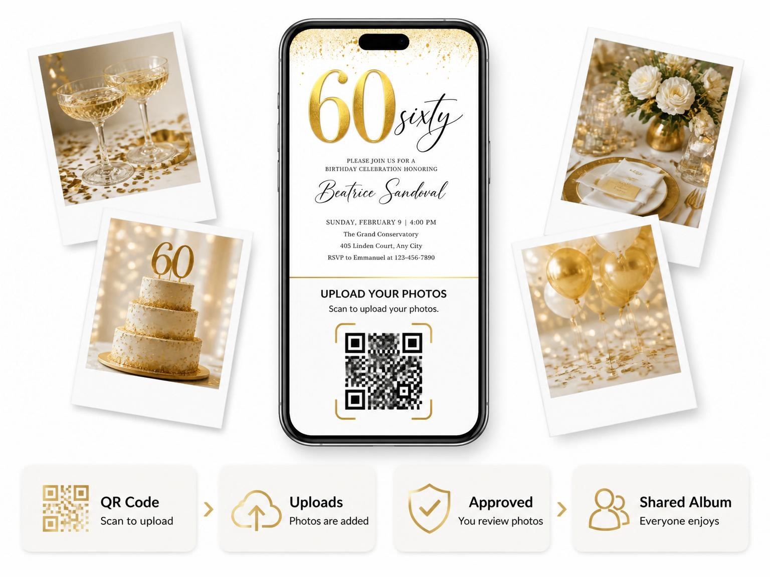 The shared photo gallery that comes with the Gold Splatter Metallic 60th Birthday invitation