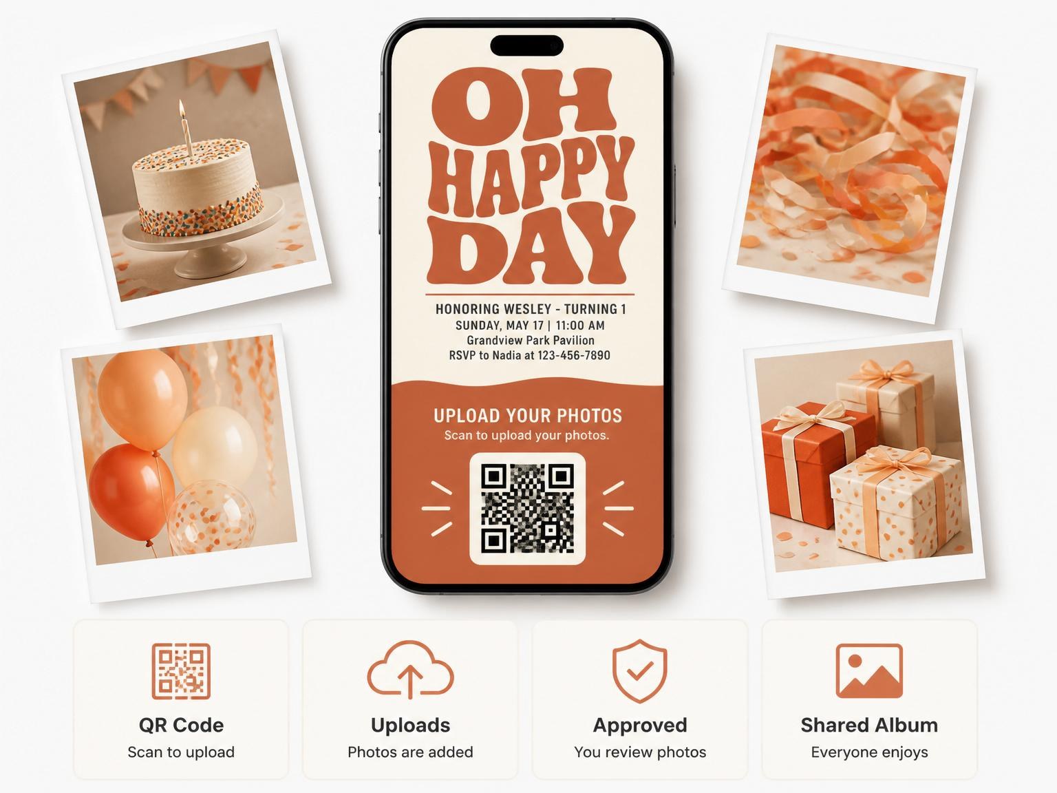 The shared photo gallery that comes with the Burnt Orange Retro 1st Birthday invitation