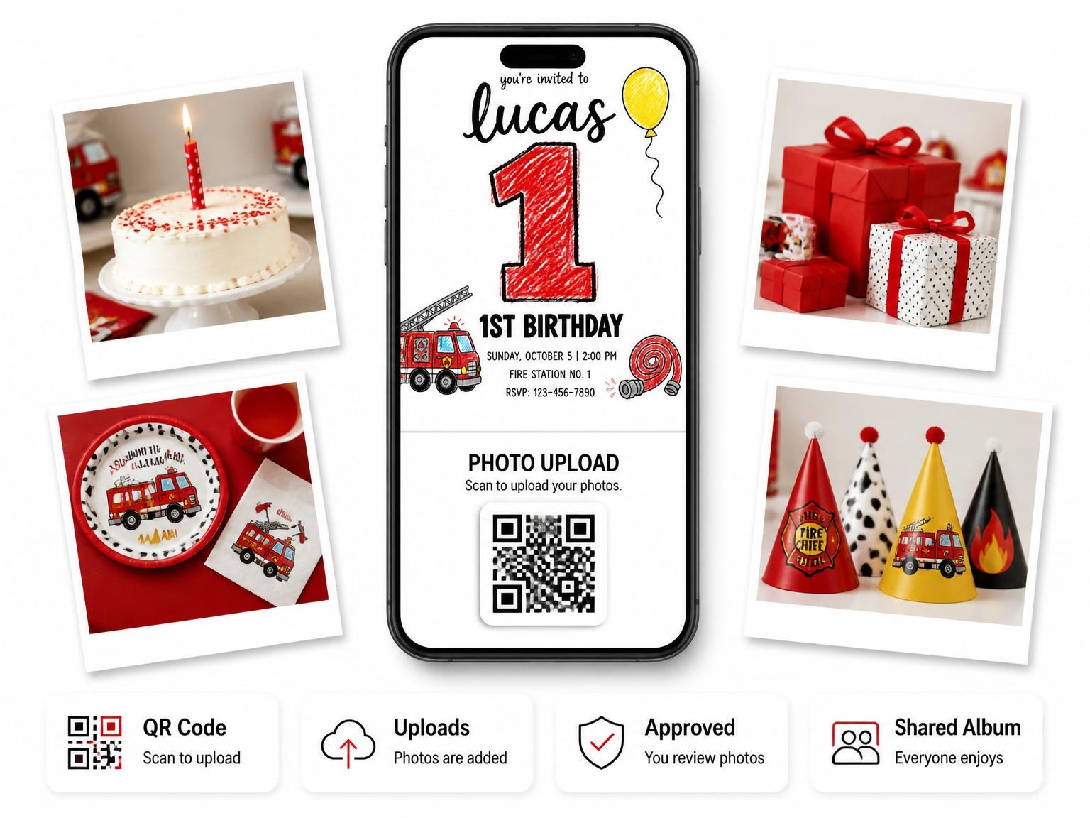 The shared photo gallery that comes with the Crayon Fire Truck 1st Birthday invitation