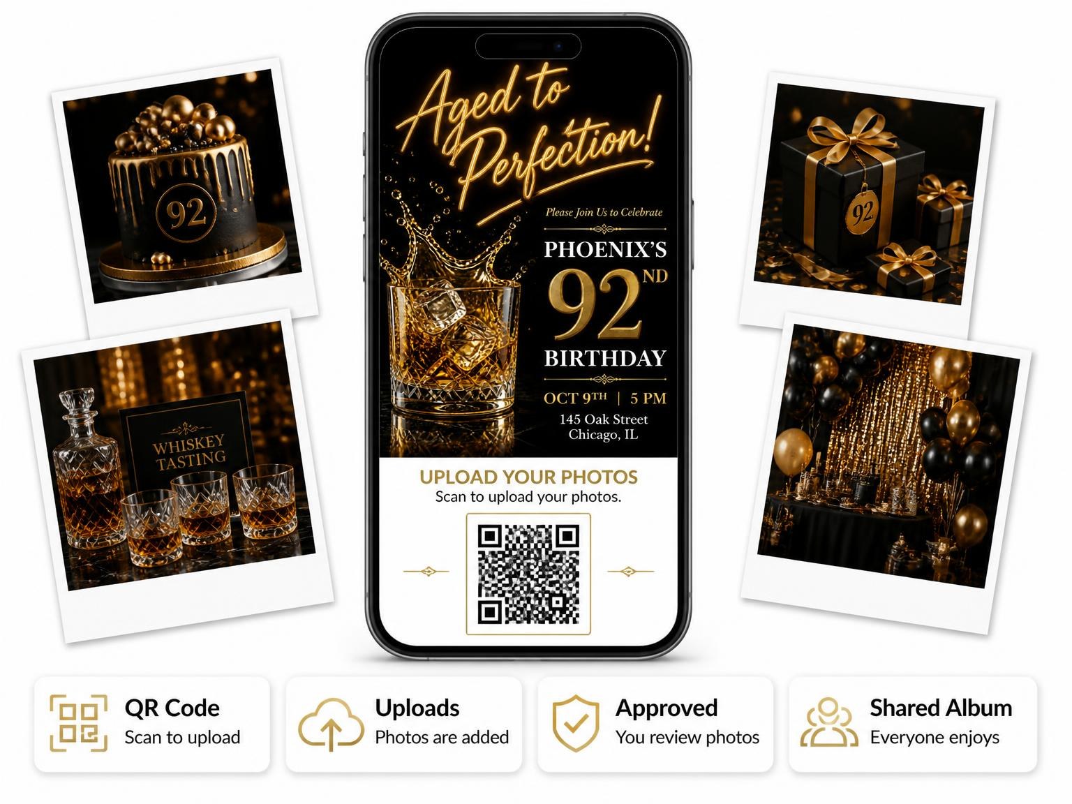 The shared photo gallery that comes with the Whiskey Glass 92nd Birthday Invitation invitation