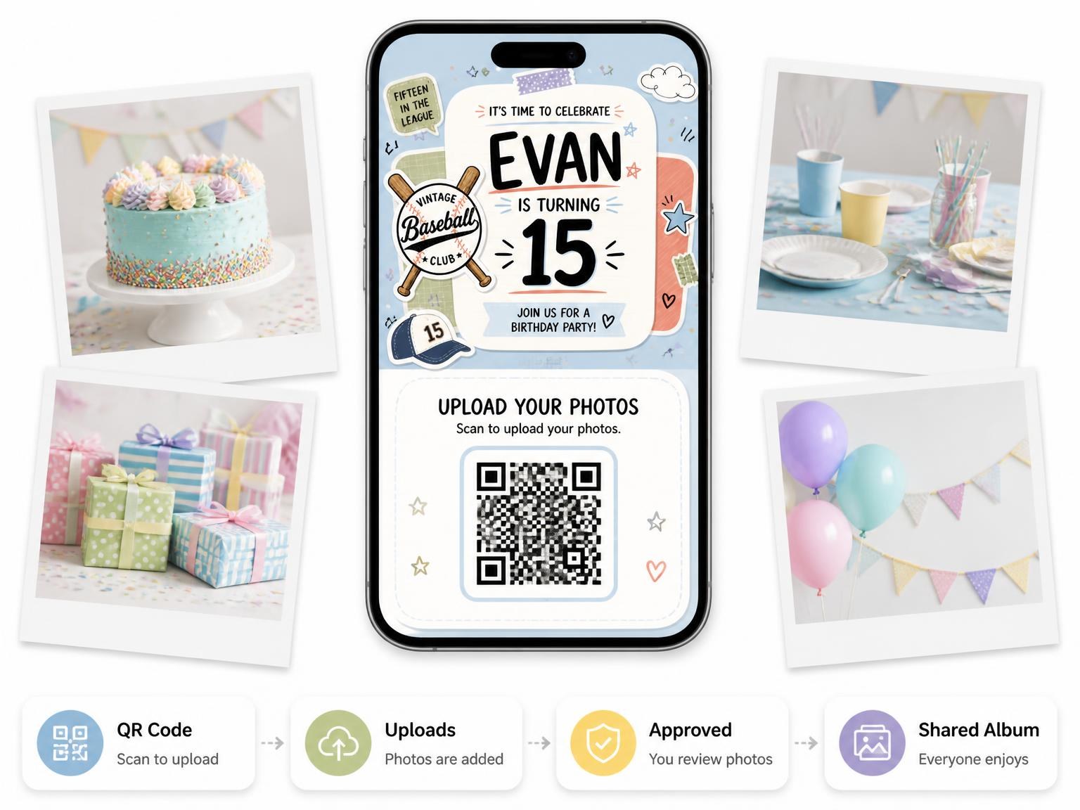 The shared photo gallery that comes with the Baseball Emblem Pastel 15th Birthday Invitation invitation
