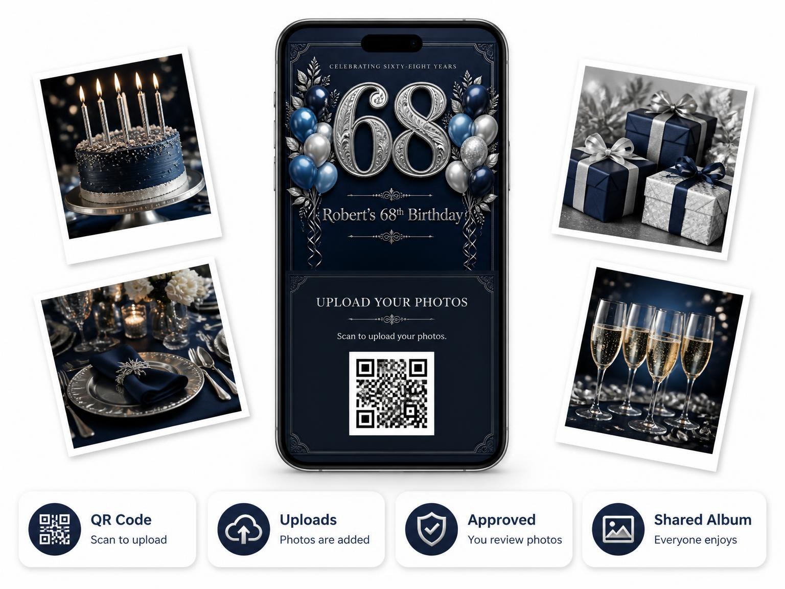 The shared photo gallery that comes with the Navy and Silver 68th Birthday Invitation invitation