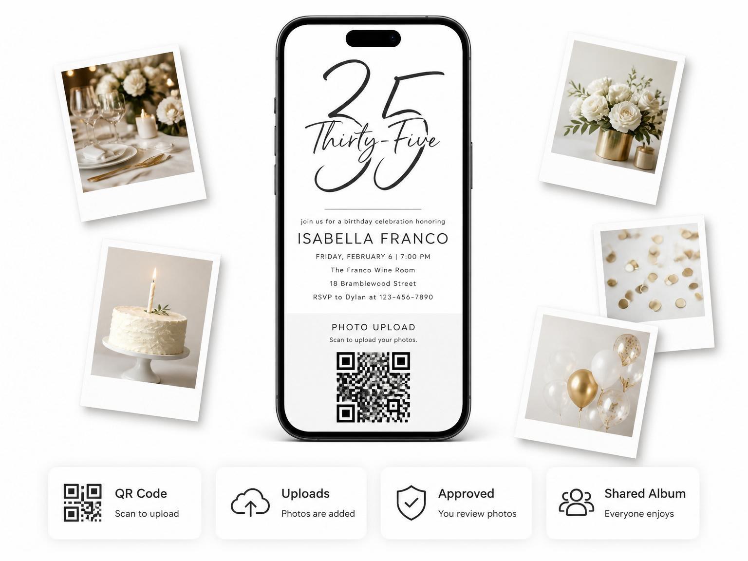 The shared photo gallery that comes with the Minimalist Brush Script 35th Birthday invitation