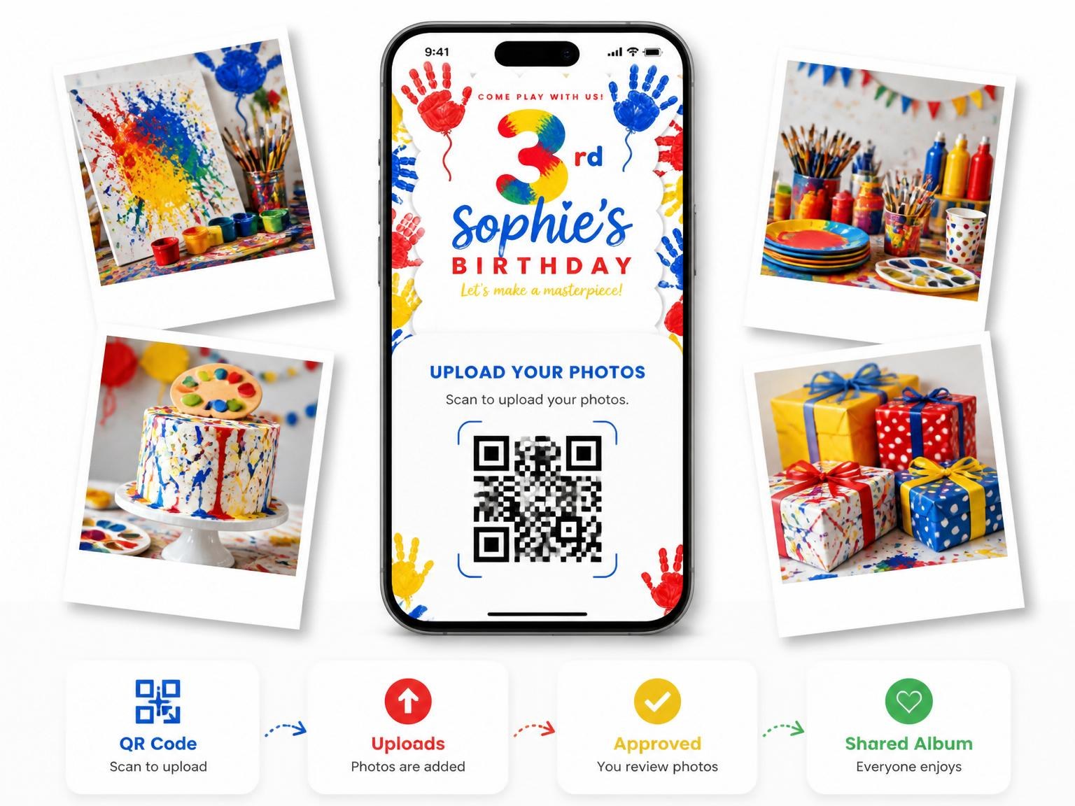 The shared photo gallery that comes with the Primary Color Handprint Art 3rd Birthday invitation