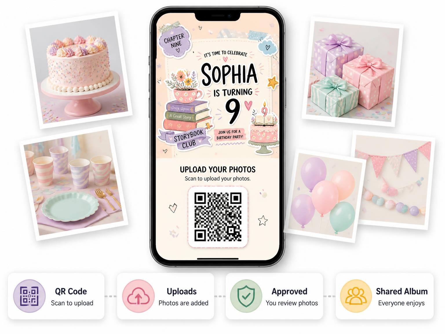 The shared photo gallery that comes with the Teacup Pastel Scrapbook 9th Birthday Invitation invitation
