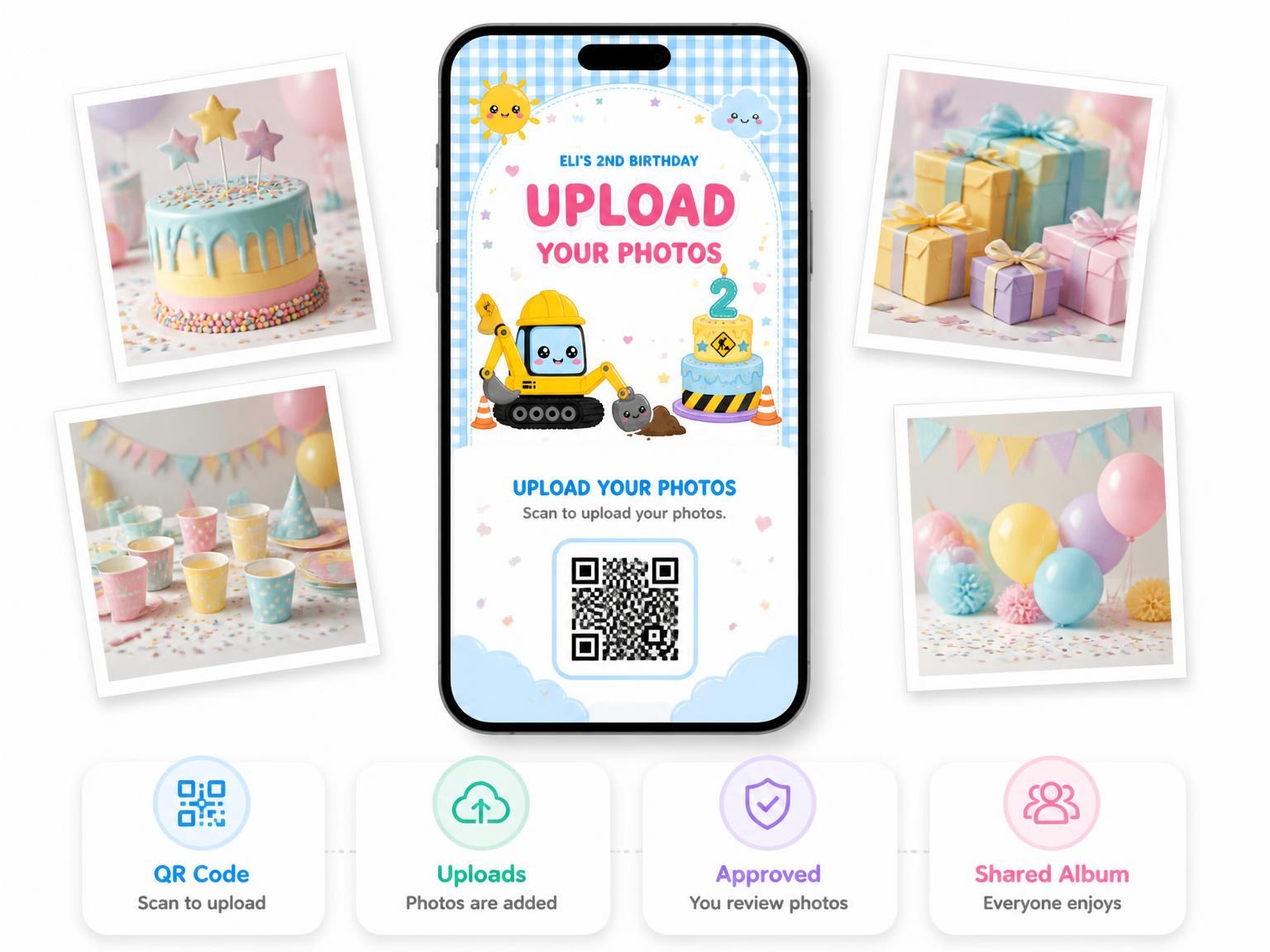 The shared photo gallery that comes with the Pastel Excavator 2nd Birthday Invitation invitation