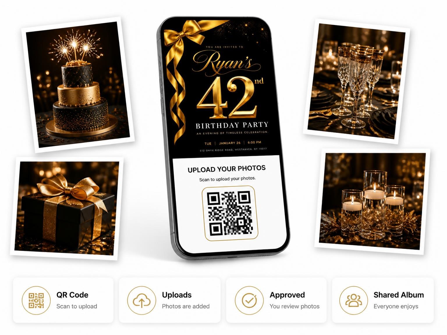 The shared photo gallery that comes with the Black and Gold Ribbon 42nd Birthday Invitation invitation