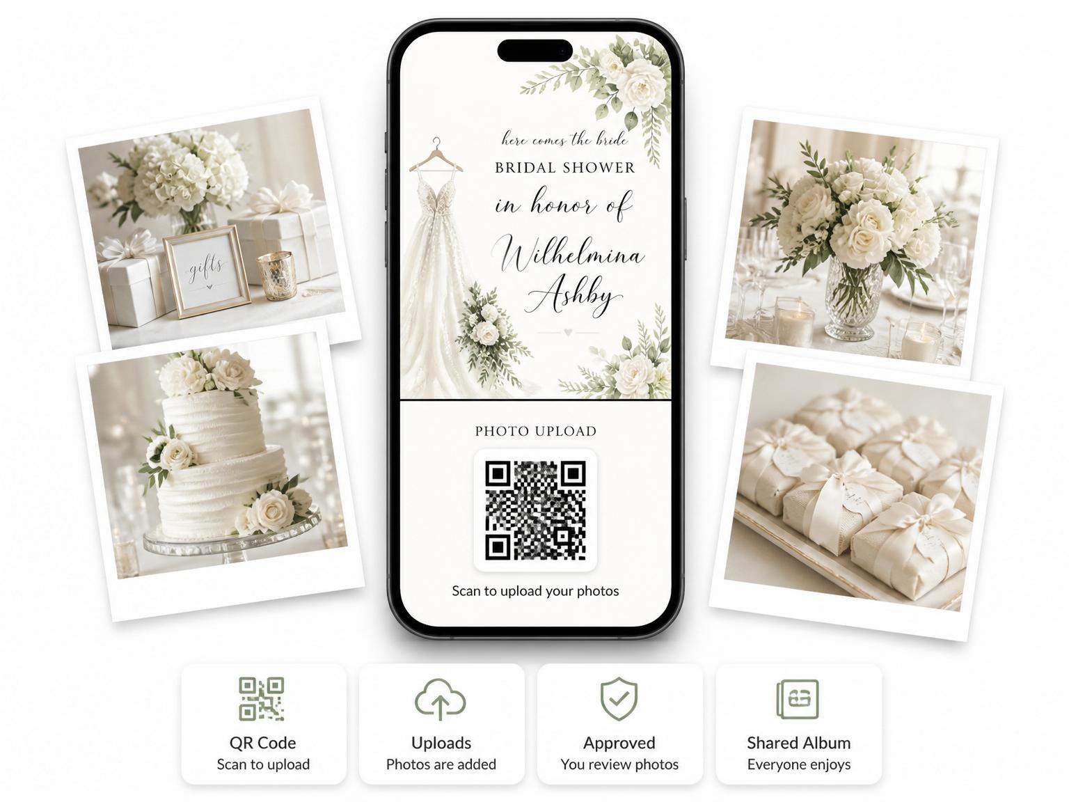 The shared photo gallery that comes with the Watercolor Rose Bride Bridal Shower invitation