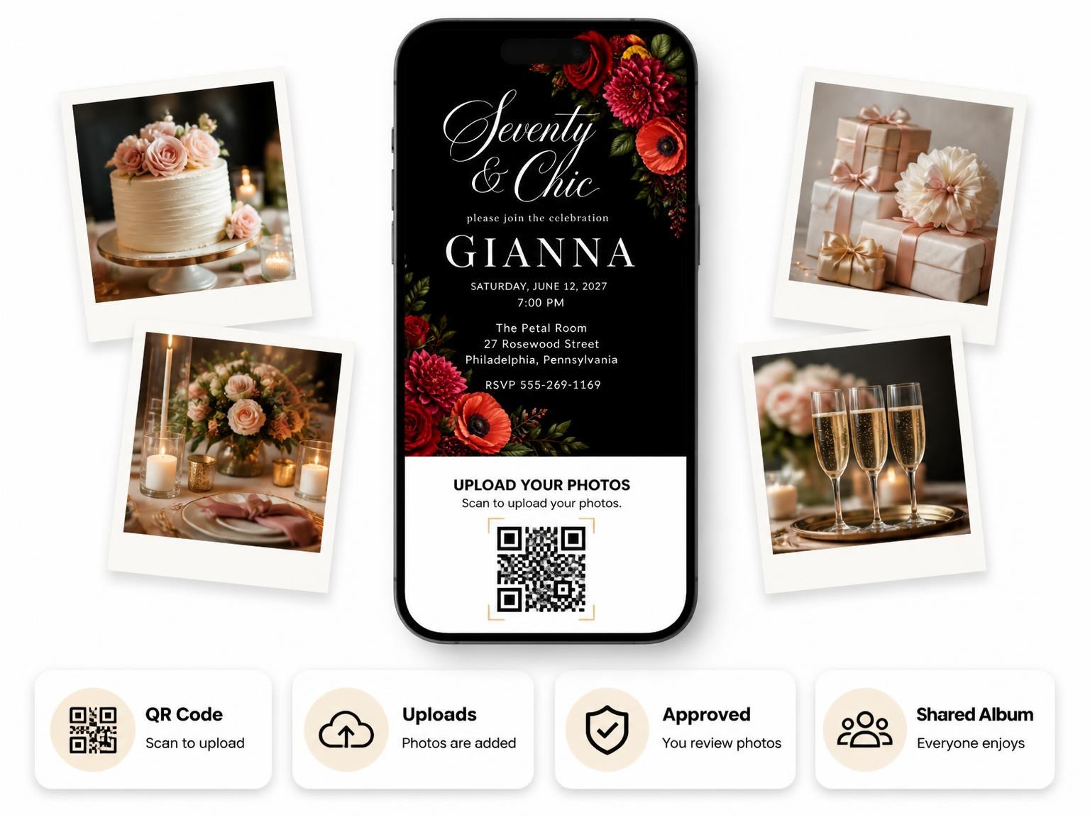 The shared photo gallery that comes with the Black Floral 70th Birthday Invitation invitation
