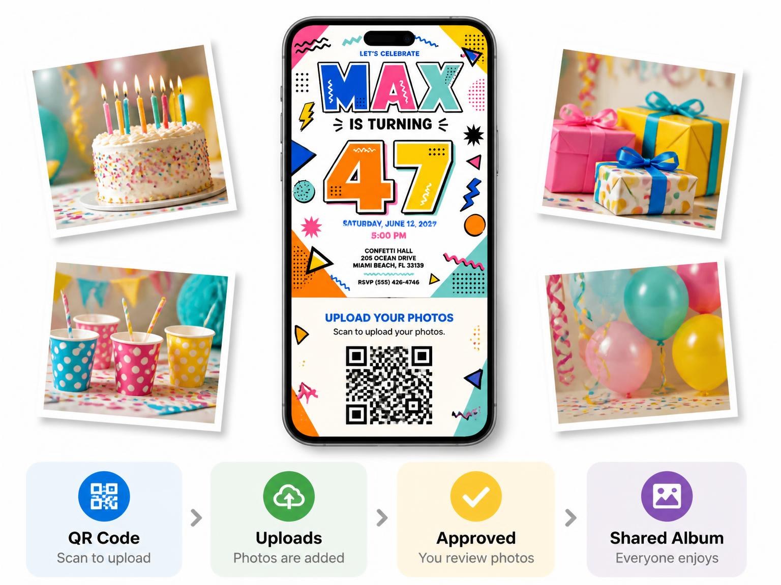 The shared photo gallery that comes with the Memphis Pop 47th Birthday Invitation invitation