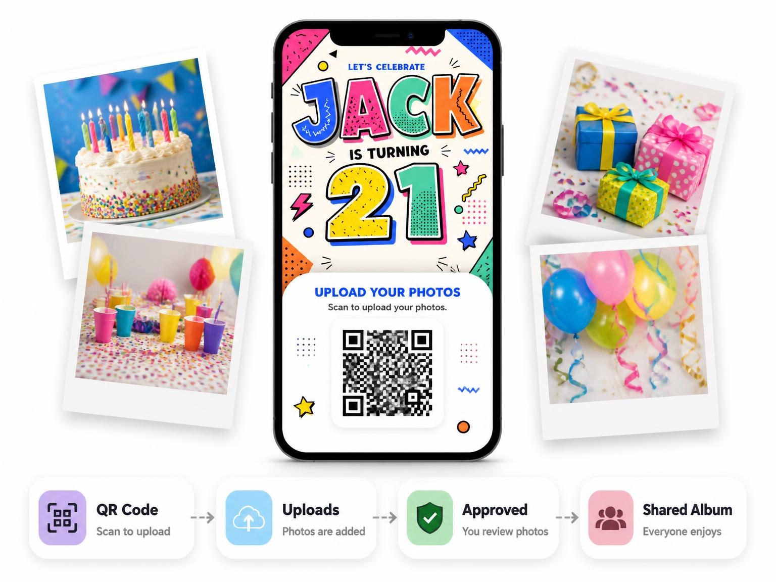 The shared photo gallery that comes with the Memphis Pop 21st Birthday Invitation invitation