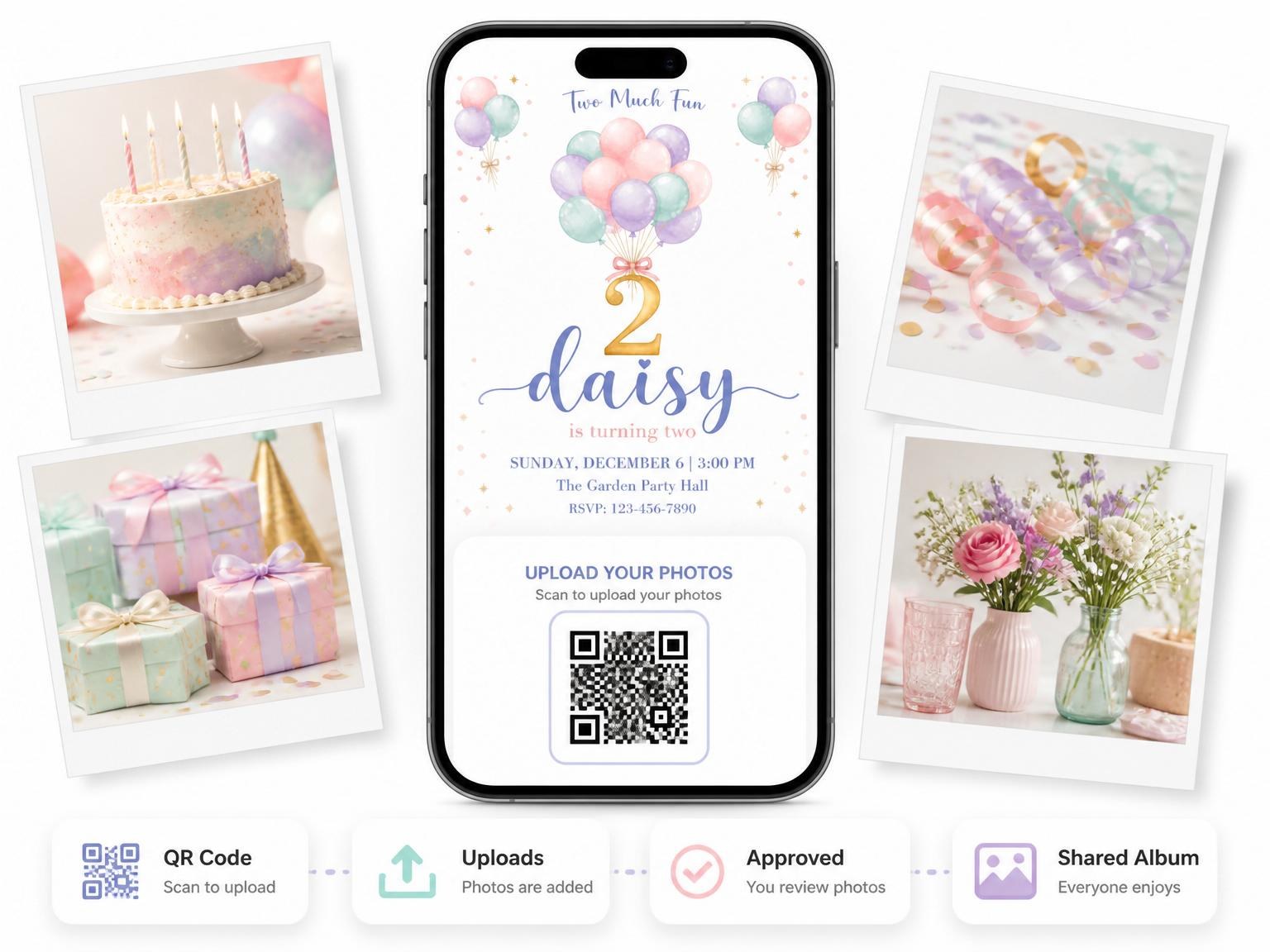 The shared photo gallery that comes with the Pastel Balloon Watercolor 2nd Birthday invitation